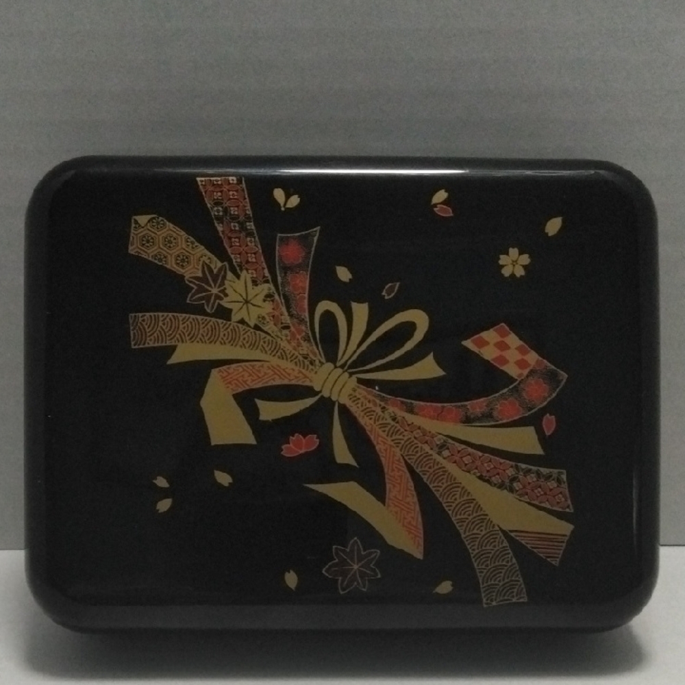 Japanese Black Lacquered Storage Box with Gold‎ and Red Ribbon Design